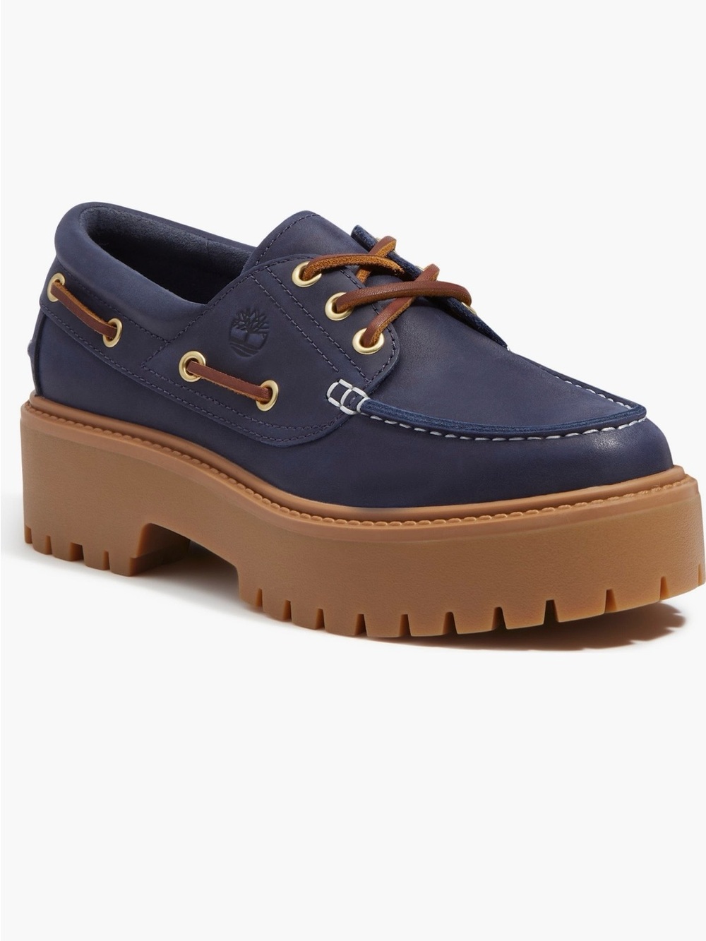 Timberland Women's Navy Leather Lug-Sole Moccasin with Tan Platform